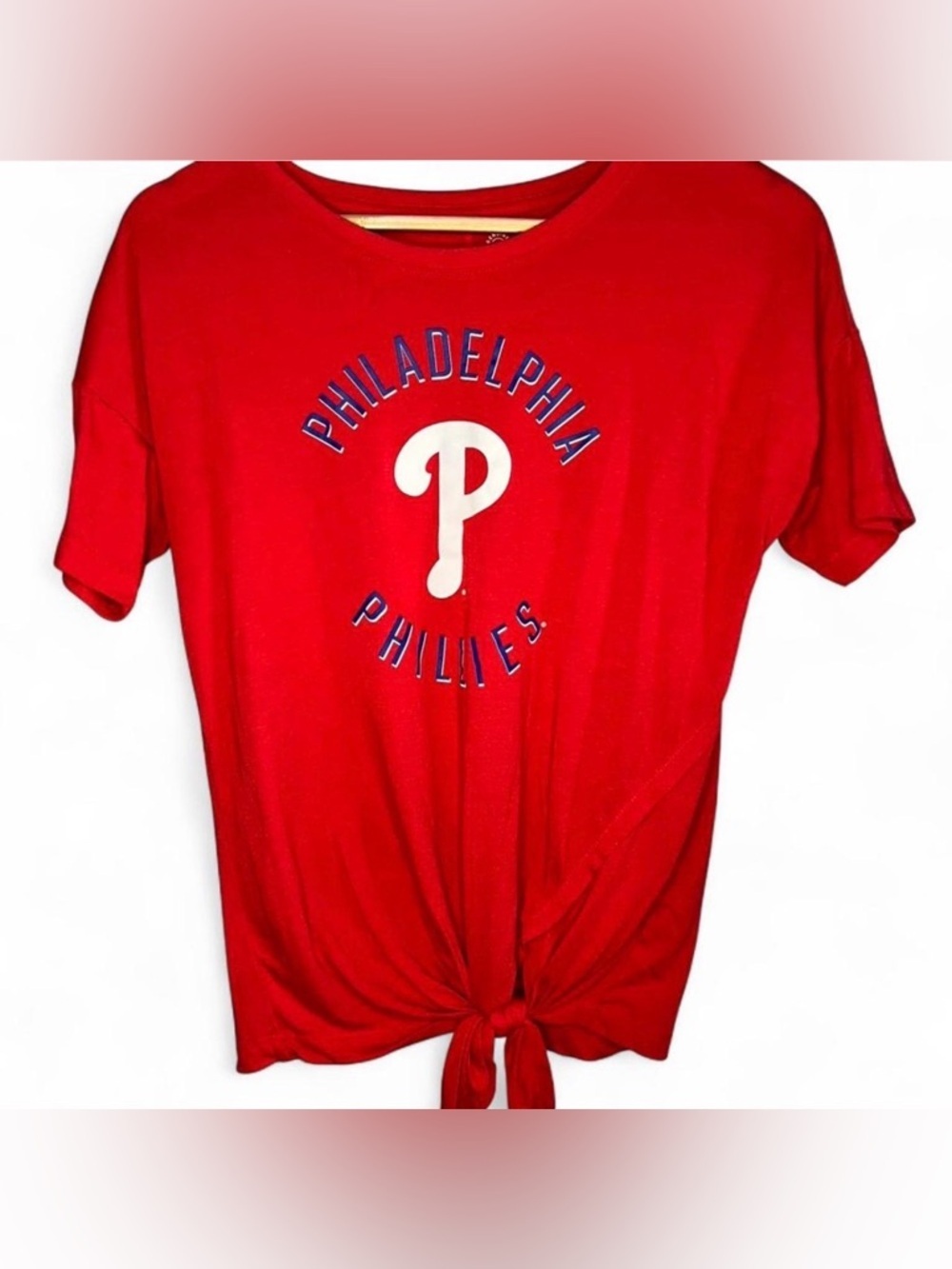Official MLB Philadelphia Phillies Red Tie-Front Graphic T-Shirt Women’s XS
